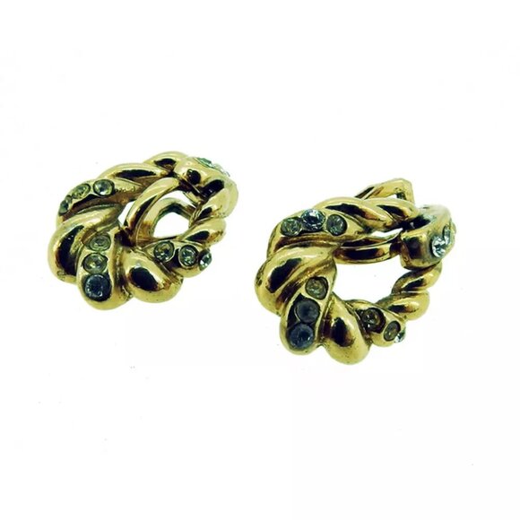 SAINT LAURENT earrings twist motif Gold Hardware ?~ rhinestone used T18940 - Picture 1 of 10